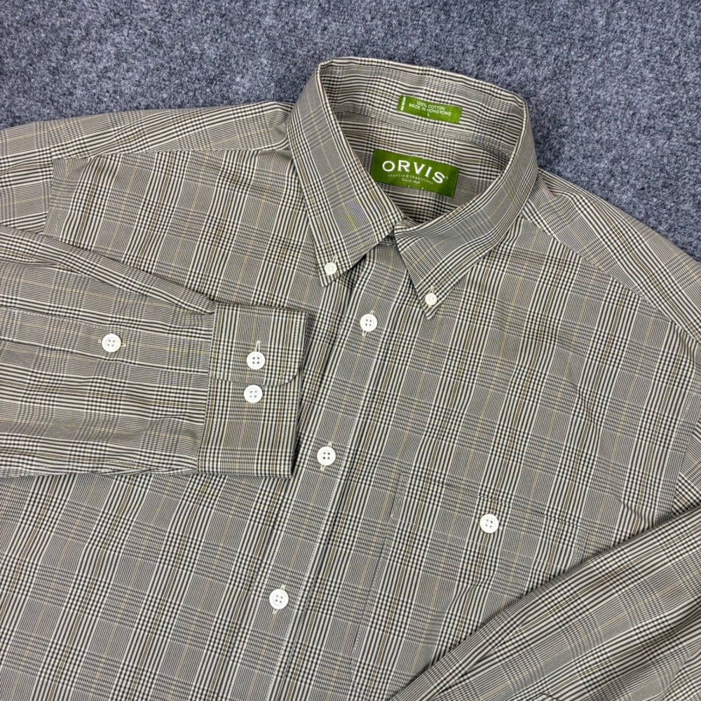 Orvis Mens Size Large Glen Plaid Button Down Shirt Cotton Long Sleeve Brown Tan